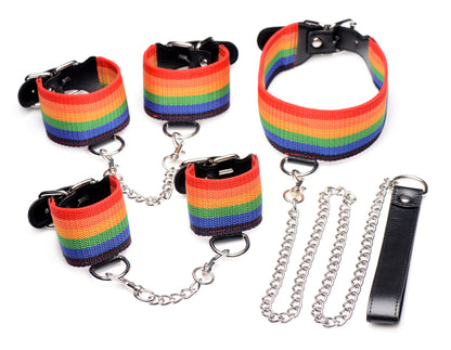 KINKY PRIDE RAINBOW BONDAGE SET - WRIST & ANKLE CUFFS & COLLAR W/LEASH