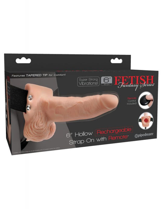 6" HOLLOW RECHARGEABLE STRAP-ON REMOTE - FLESH