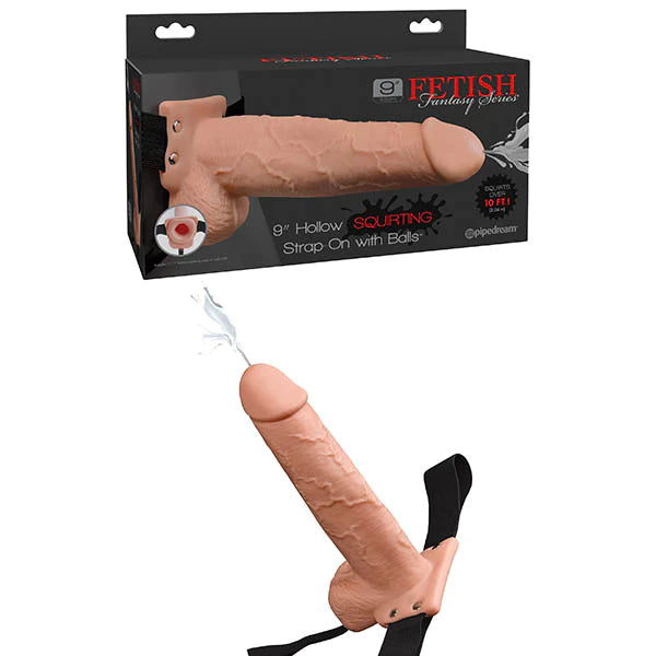 9" HOLLOW SQUIRTING STRAP-ON WITH BALLS - FLESH